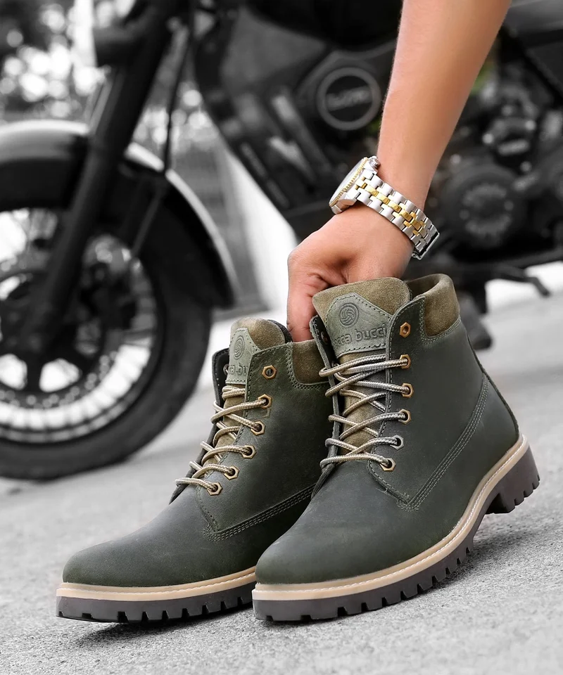 Bacca Bucci Olive Bullet Splash Proof Leather Boots for Biking & Hiking for Men | Best Price UAE